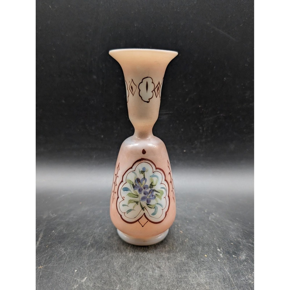 Antique Victorian Glass Hand Painted Floral Bud Vase Peach Satin Finish